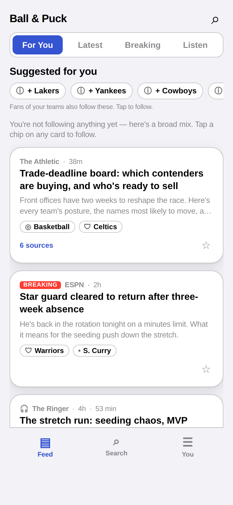 National outlets, team beats, and podcasts โ de-duplicated, ranked, and clustered.